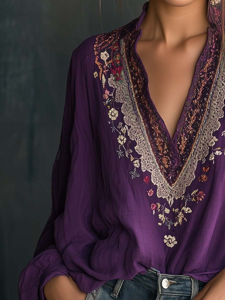 Majestic Plum Embroidered Boho-Chic Blouse