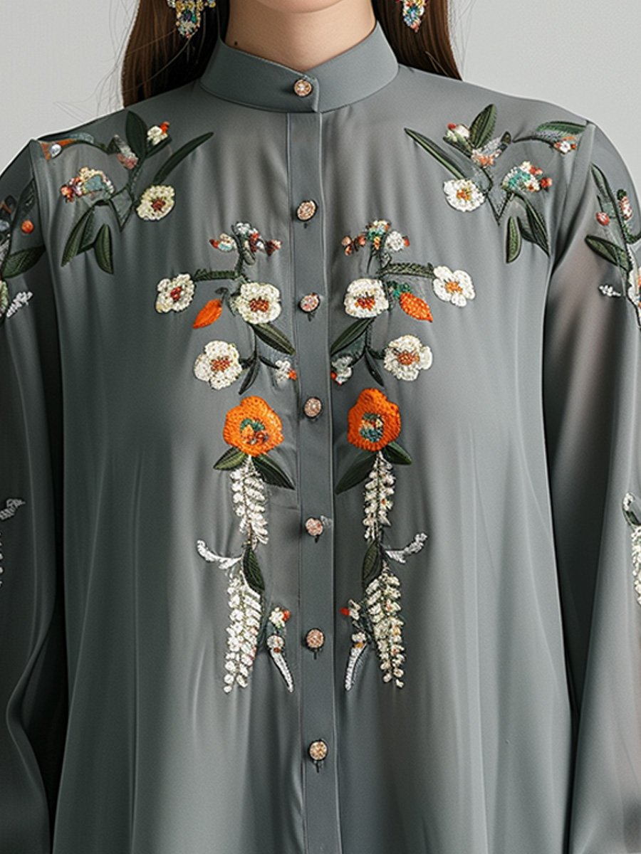 Floral Embroidered Commuter Long-sleeved Shirt