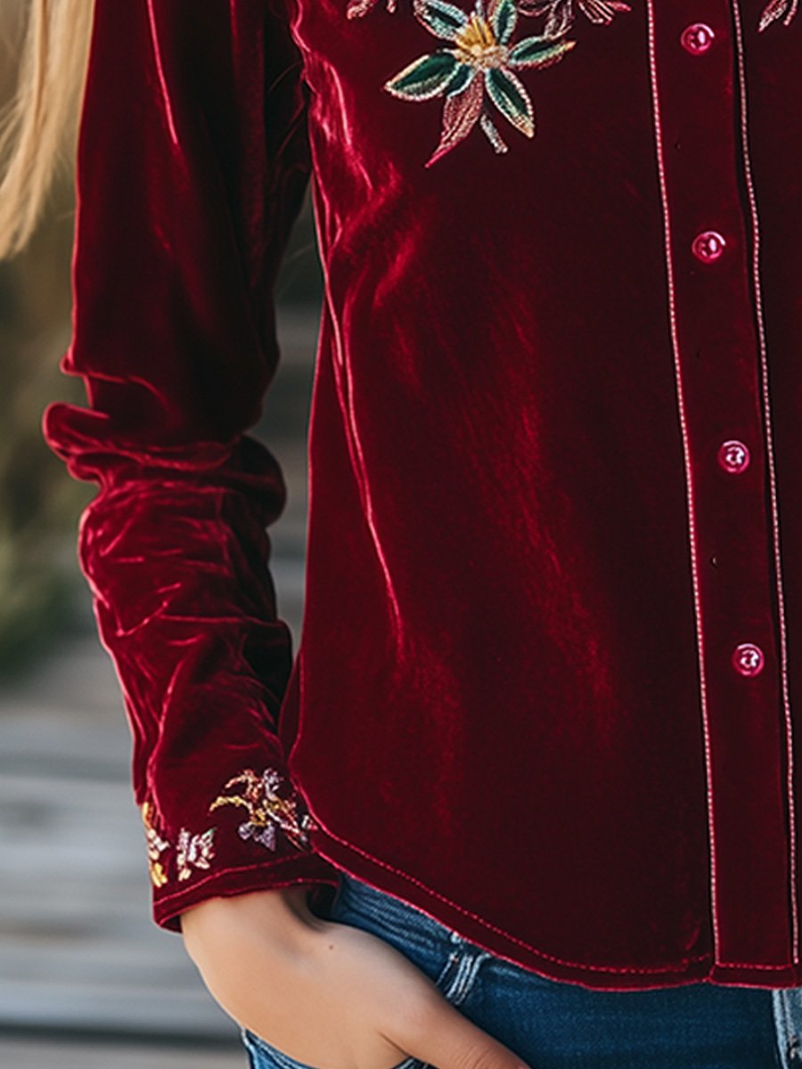 Elegant Embroidered Velvet Long-sleeved Shirt