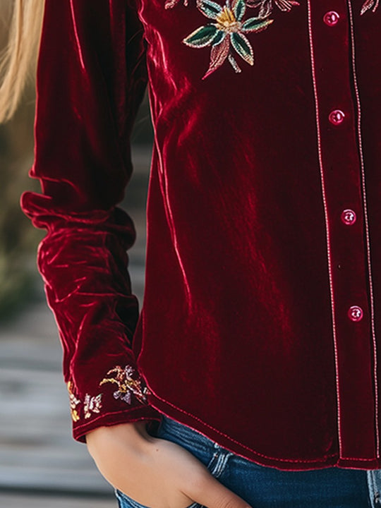 Elegant Embroidered Velvet Long-sleeved Shirt