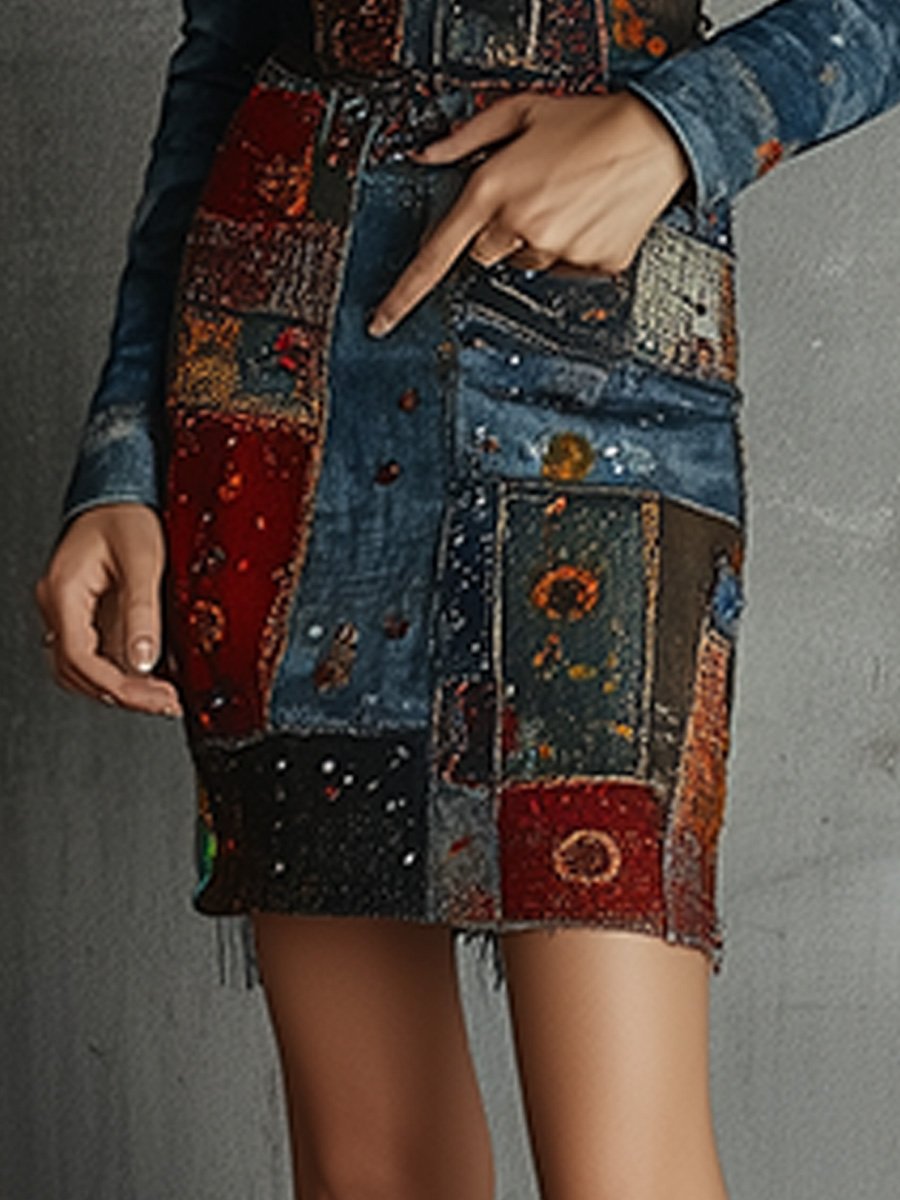 Artistic Patchwork Denim-Inspired Bodycon Dress