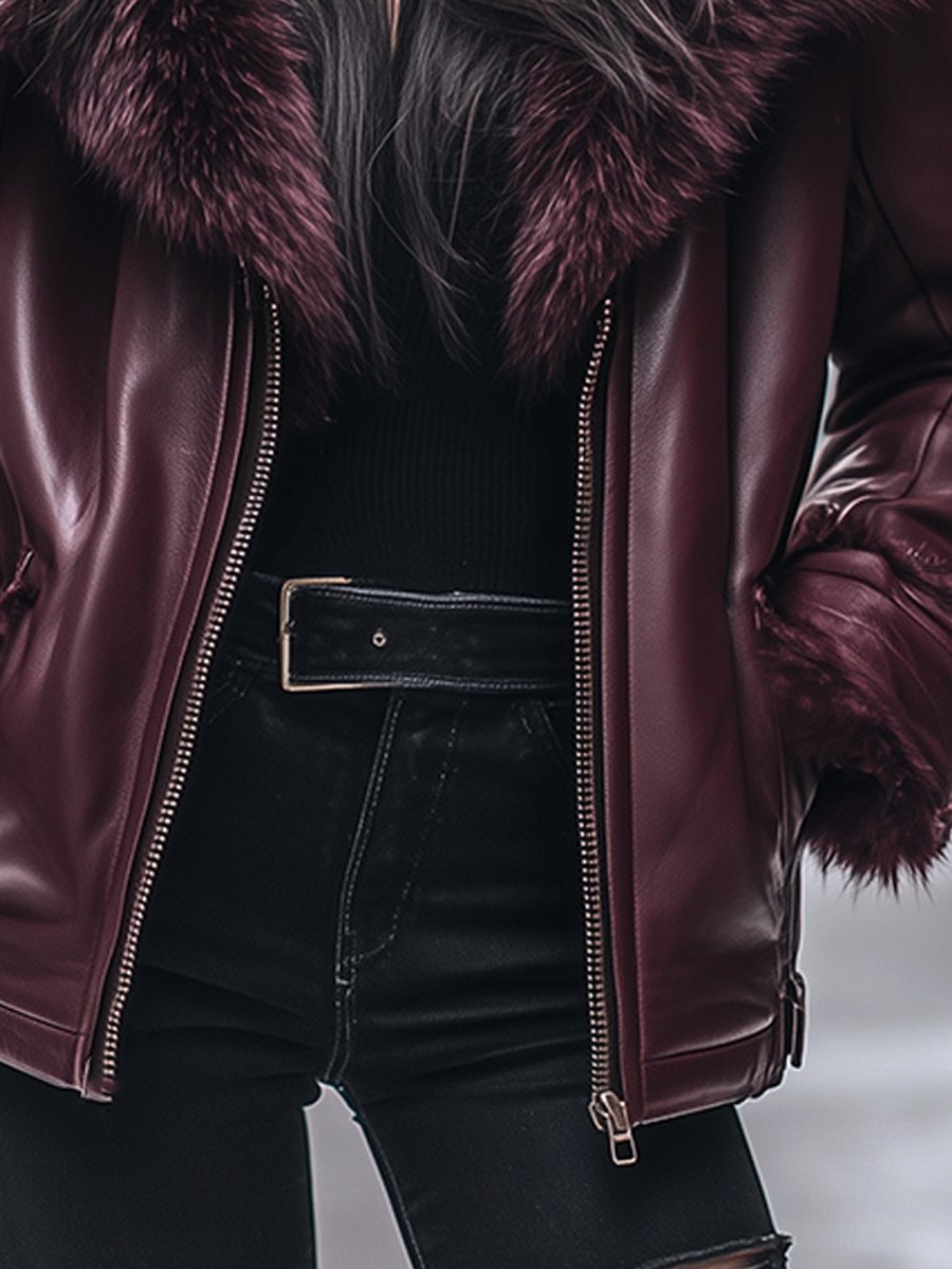 Vintage Fur Collar Zip-lined Leather Jacket