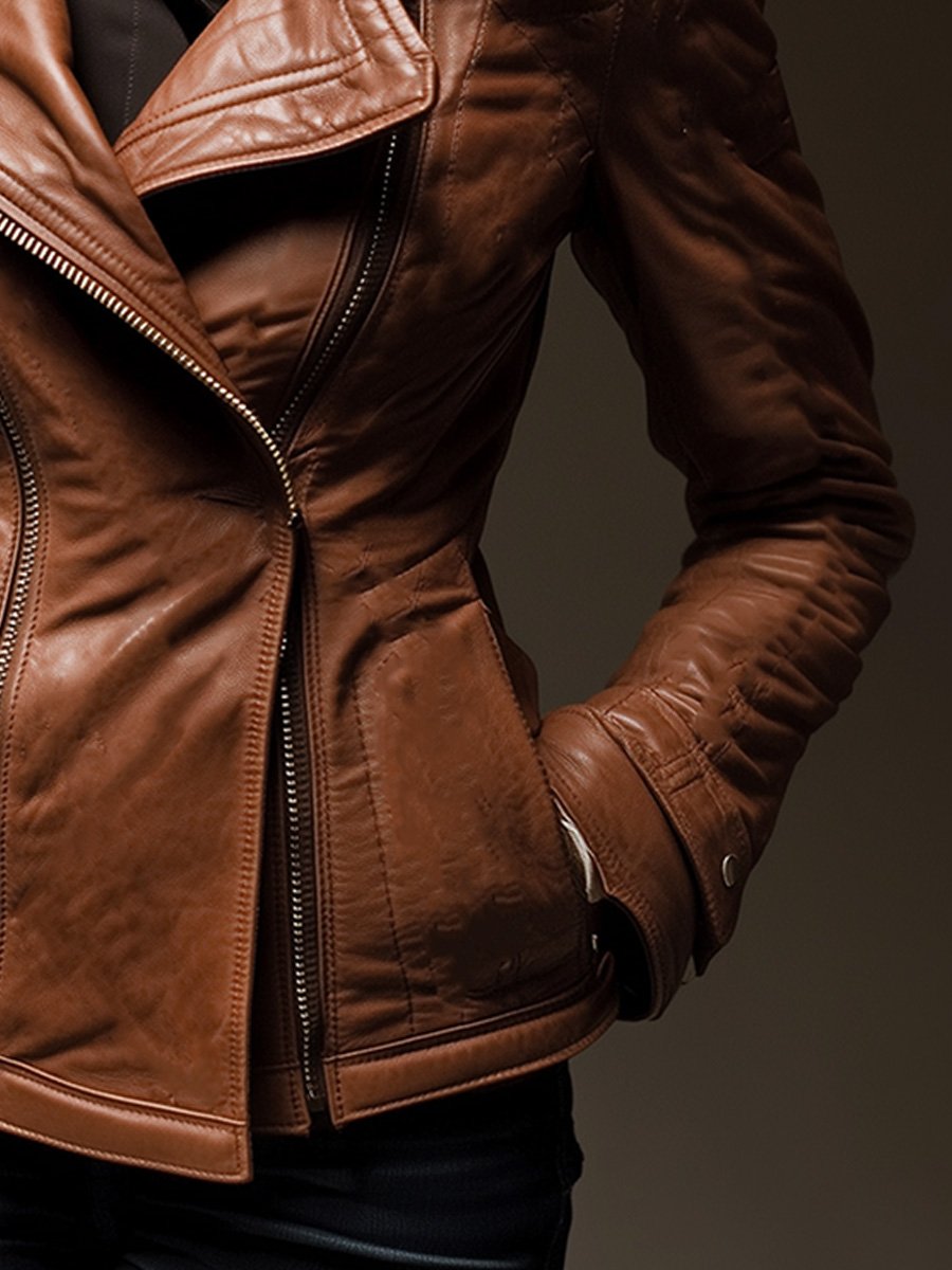 Women's Fashion Retro Lapel Zipper Heavy Leather Jacket