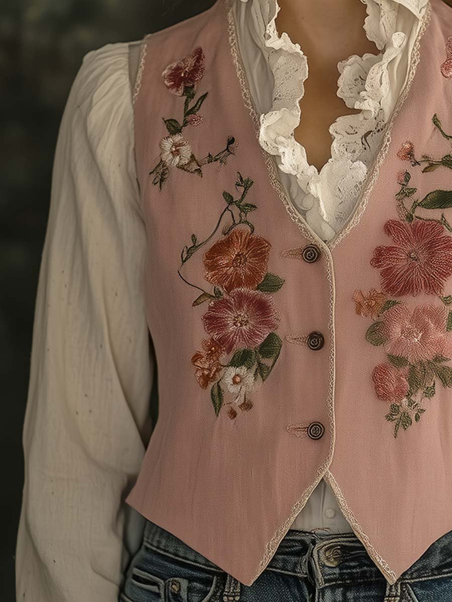 Vintage Pink Floral Embroidered Vest