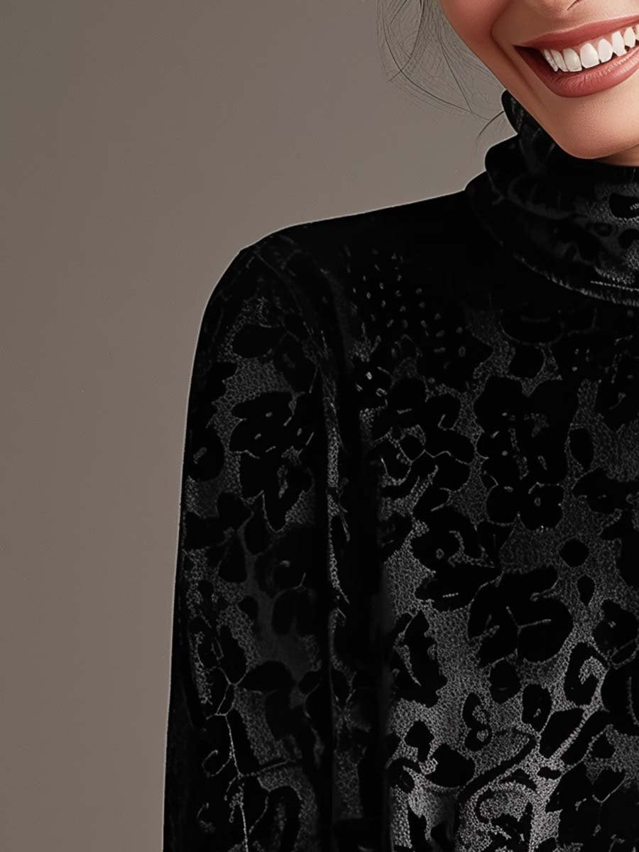 Retro Turtleneck Pearl Long Sleeves Velvet Blouse