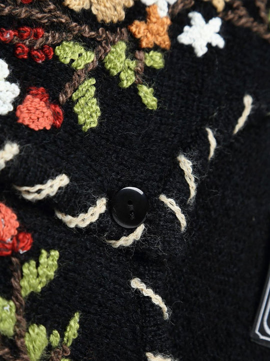 Hand-embroidered Wool Loose Pocket Cardigan