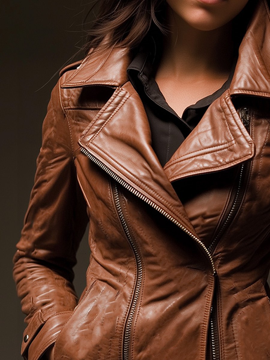 Women's Fashion Retro Lapel Zipper Heavy Leather Jacket