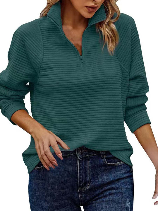 Women's Textured Zipper Neck Long Sleeve Sweatshirt