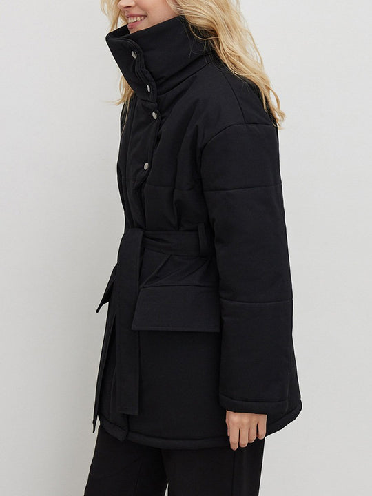 Temperament Belt Irregular Mid-length Stand-up Collar Cotton Jacket