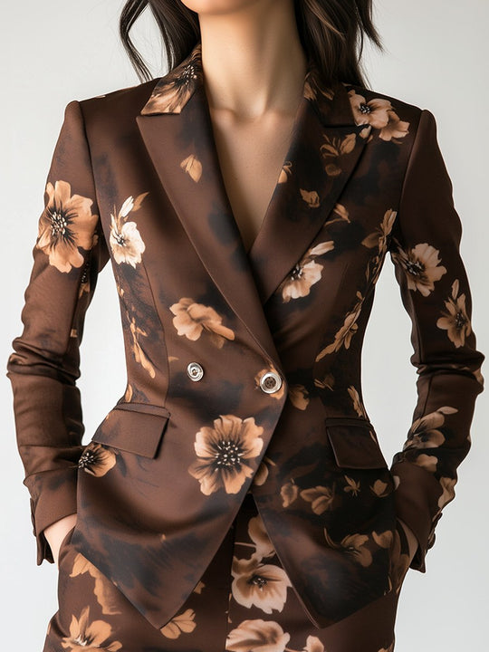 Women's Brown Lapel Satin Printed Blazer