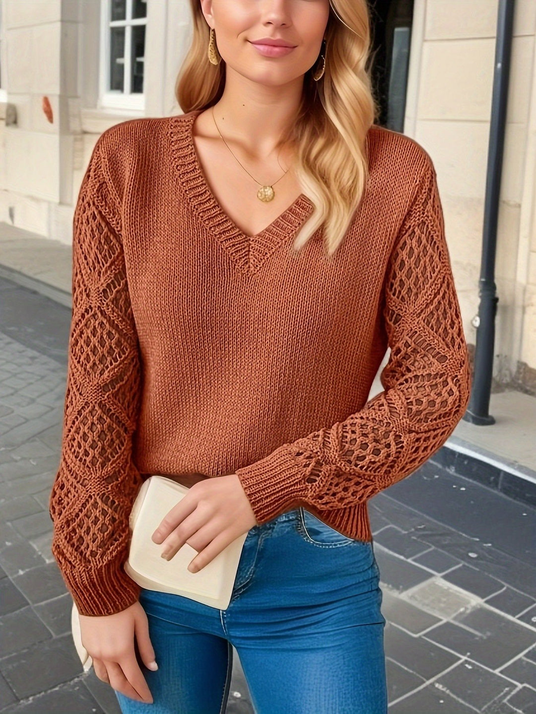 Hollow Jacquard Knit Long Sleeve V-Neck Bottoming Sweater