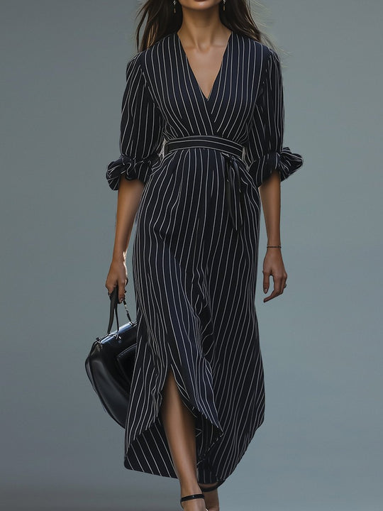 Casual Striped Commuting Waist Long-sleeved Maxi Dress