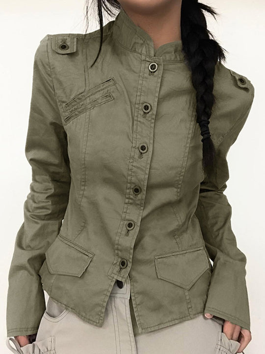 Fashionable Stand Collar Button Work Coat Jacket