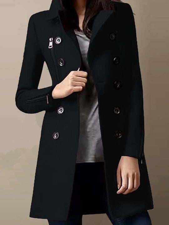 Women's Double-Breasted Multi-Pocket Woolen Coat