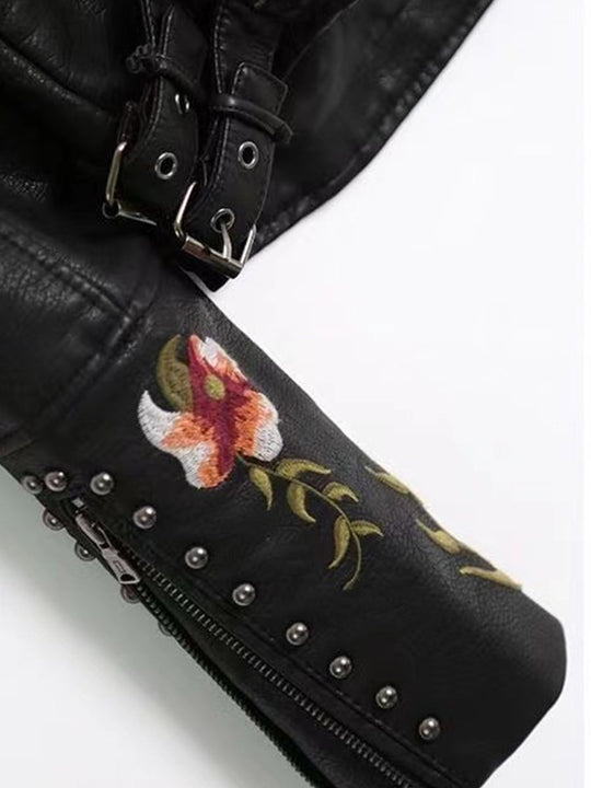 Stylish Elegant Embroidered Rivet Leather Jacket