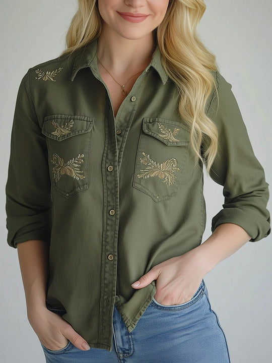 Casual Retro Embroidered Distressed Washed Work Shirt