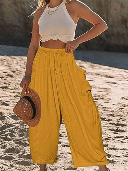 Elastic Waist Pleated Loose Casual Cotton and Linen High Waist Wide Leg Pants