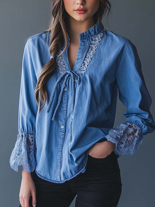 Women's Vintage Lace Cuffs Denim Shirt