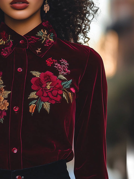 Fashion Velvet Embroidered Long Sleeve Shirt