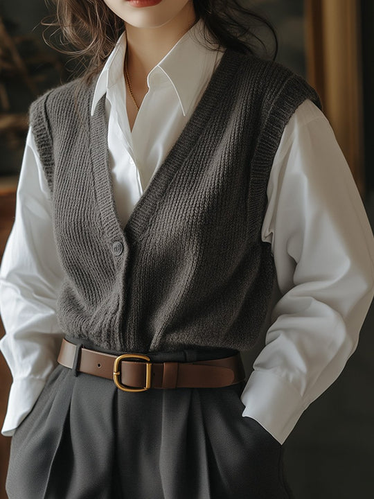 Casual Retro Old Money Style V-neck Wool Knitted Waistcoat