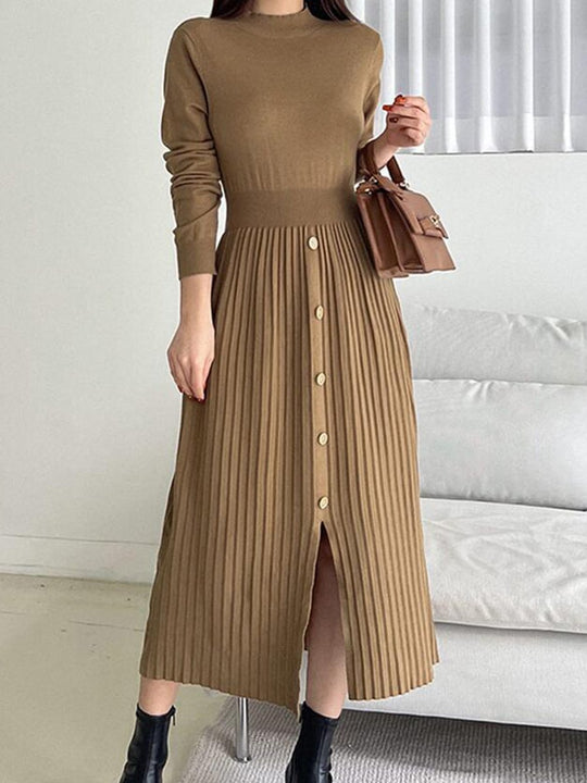 Temperament French Slit Mid-length Round Neck Knitted Dress