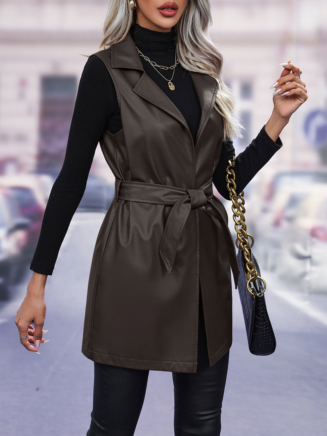 Stylish Belt Mid-length Leather Waistcoat