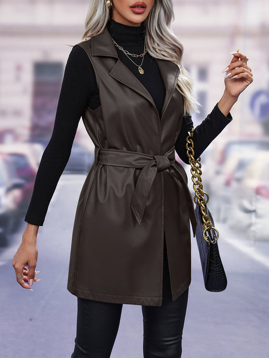 Stylish Belt Mid-length Leather Waistcoat