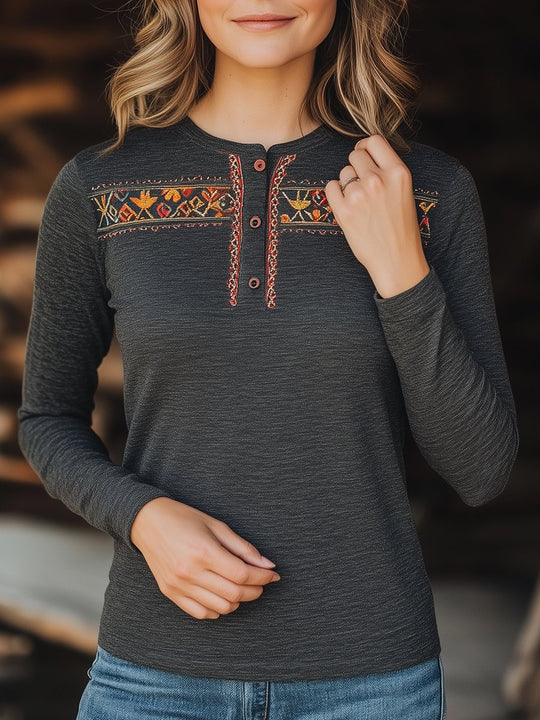 Boho Handmade Embroidery Long Sleeves Cotton T-shirt