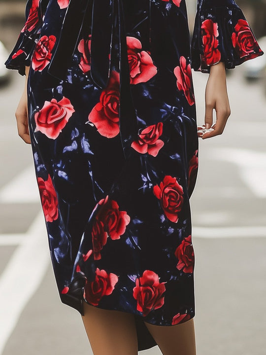 Casual Vintage V-Neck Velvet Rose Print Midi Dress