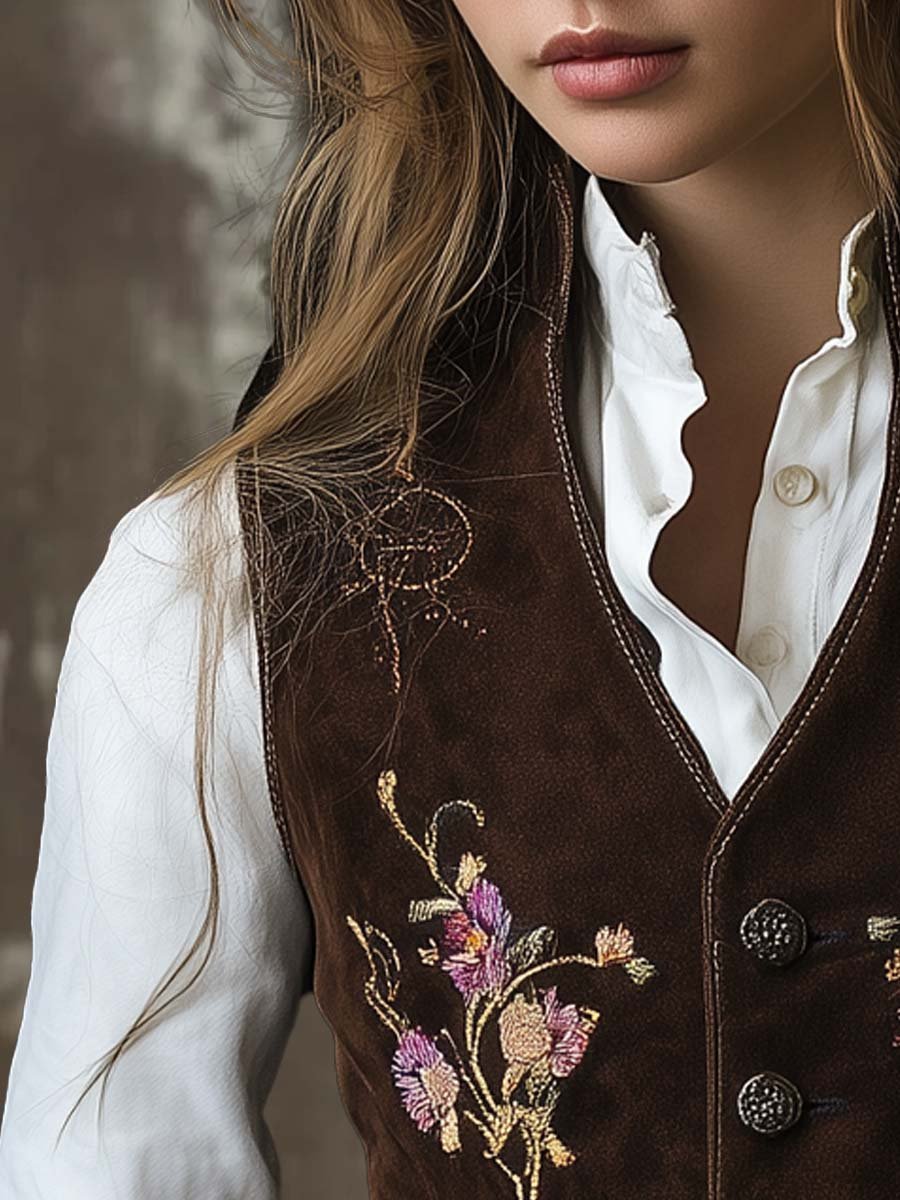 Vintage Floral Embroidered Slim Fit Suede Vest