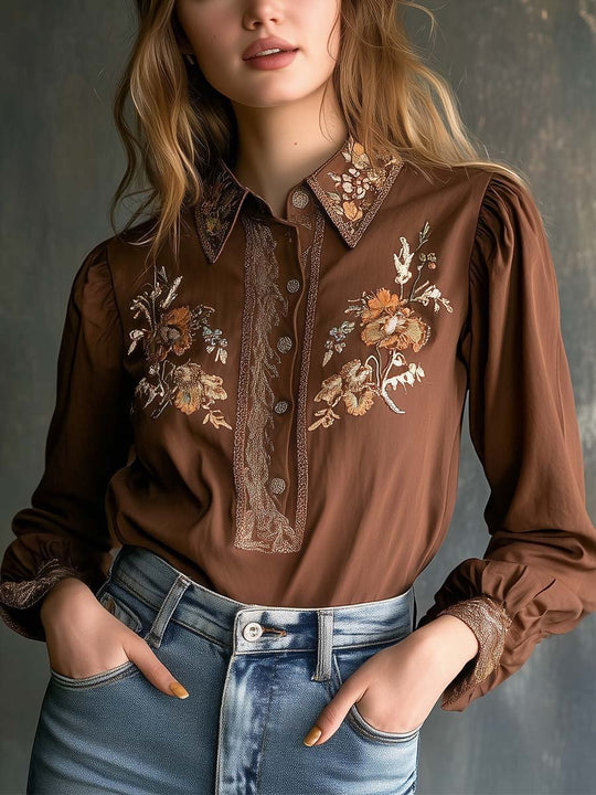 Vintage Embroidered Collared Blouse Timeless