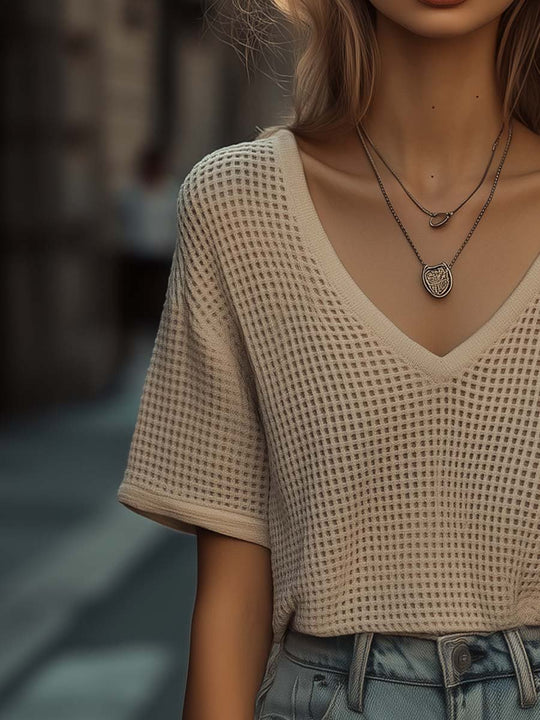 Effortless Charm Beige V-Neck Knit Top