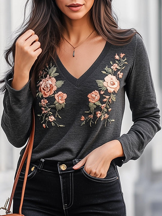 Casual Fashion V-Neck Cotton Floral Embroidery Long Sleeve Top