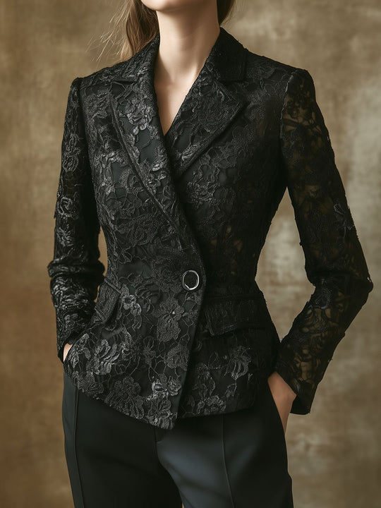 Classic One Button Suit Collar Lace Blazer Jacket