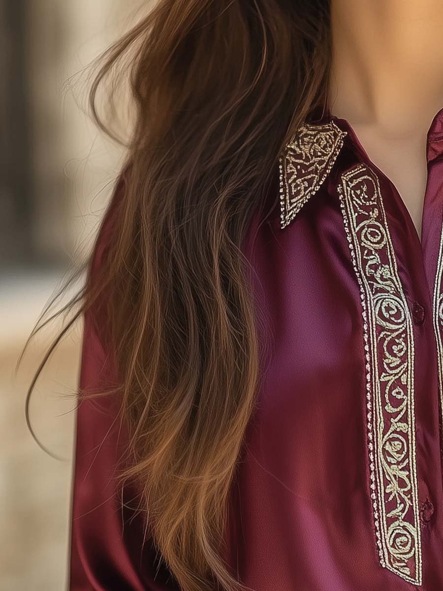 Women's Baroque Embroidery Long Sleeve Satin Shirt