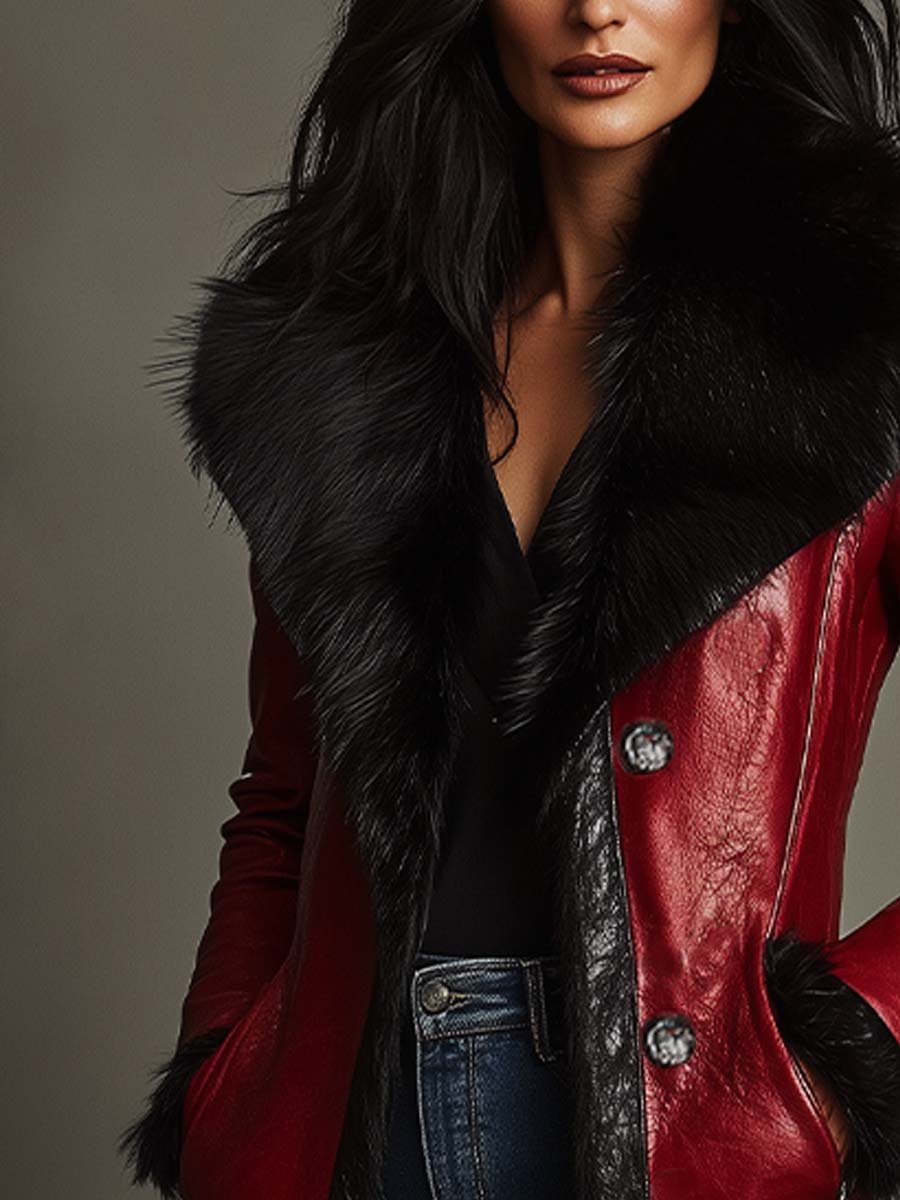 Women's Retro Fur Collar Contrasting Colors Leather Long Coat