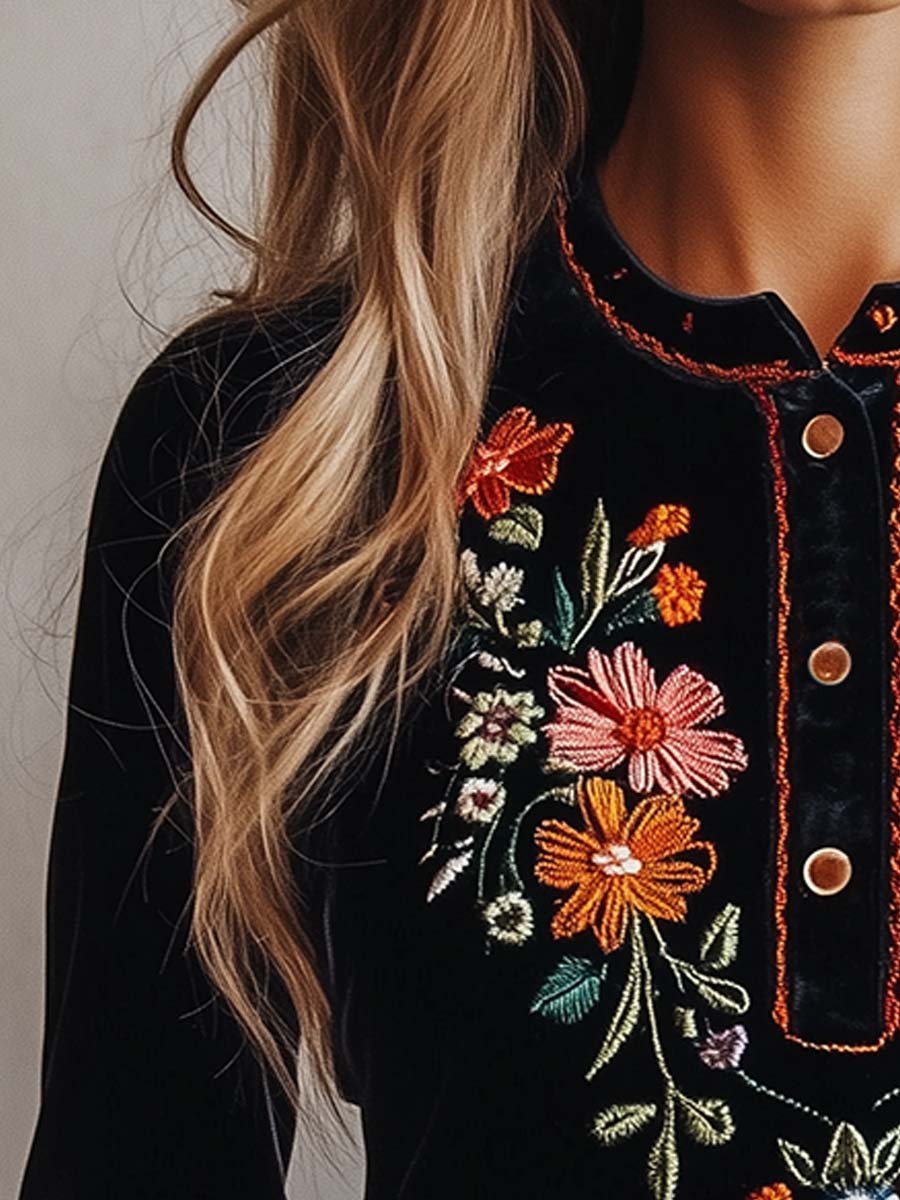 Women's Vintage Colorful Floral Embroidered Velvet Shirt