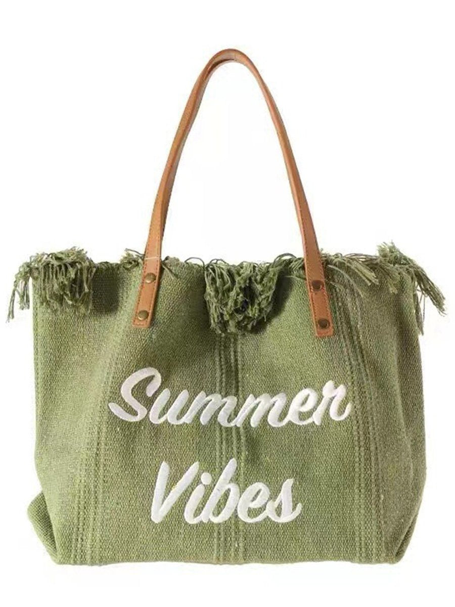 Embroidered Tassel Large Canvas Tote Bag