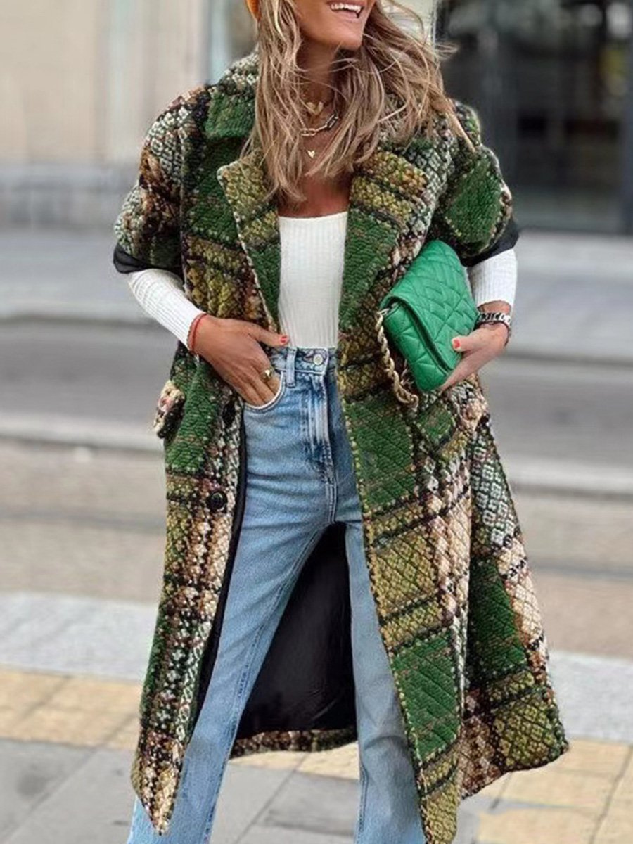 Fashion Long Sleeve Lapel Printed Woolen Long Coat