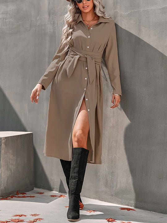 Solid Color Cardigan Long Sleeve Swing Maxi Dress