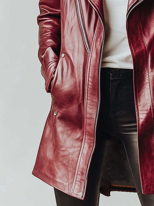 Women's Vintage Burgundy Zipper Leather Coat