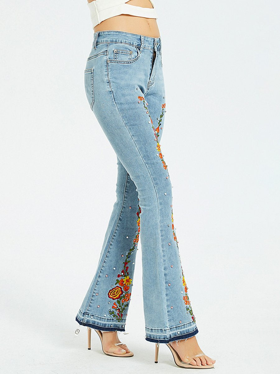 Stylish Exquisite Embroidered Slim-fit Flared Jeans