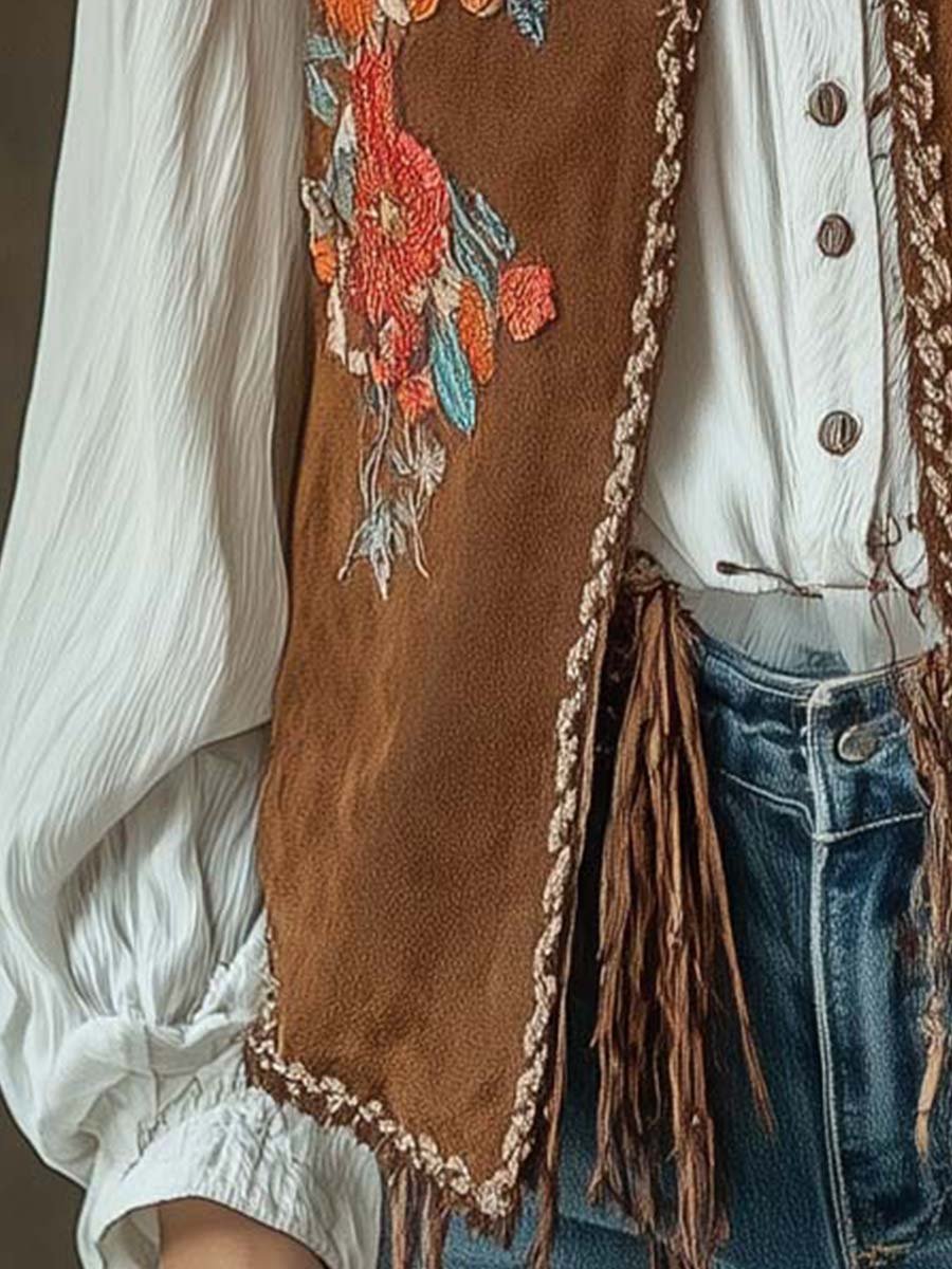 Women's Embroidered Vintage Suede Vest