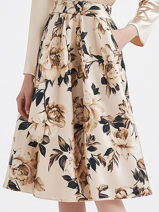 Graceful Satin Wrap Blouse Floral A-Line Skirt