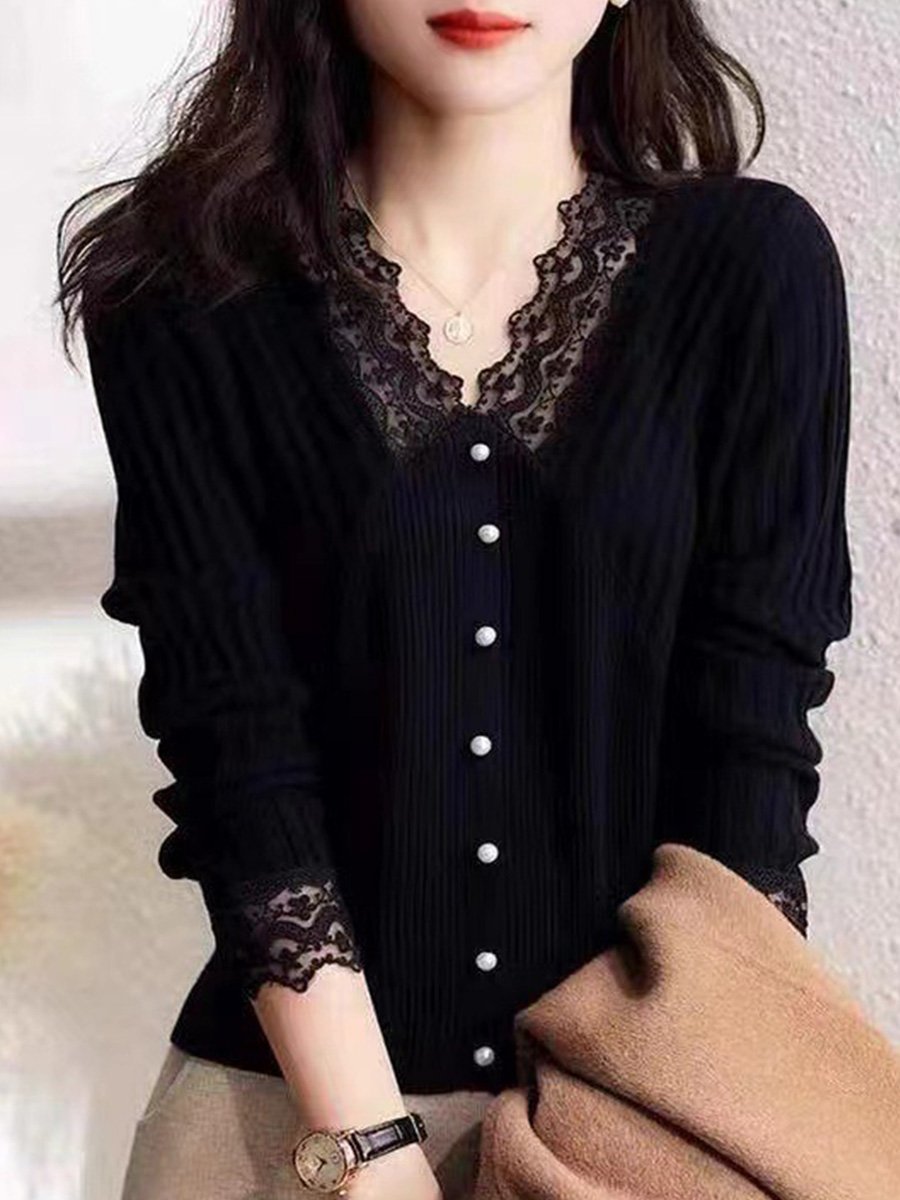 V-neck Lace Slim-fit Long-sleeved Sweater