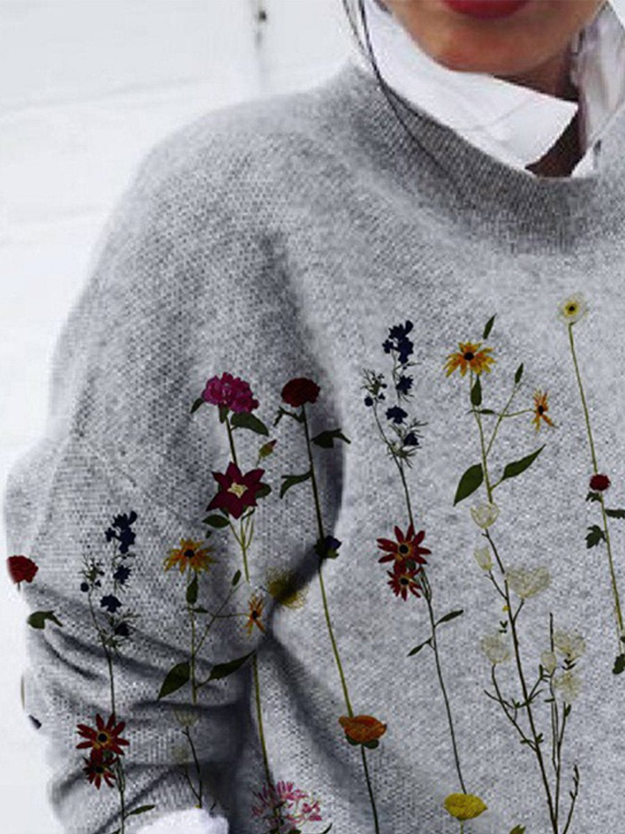 Fashionable Brushed Floral Loose Long Sleeve Top