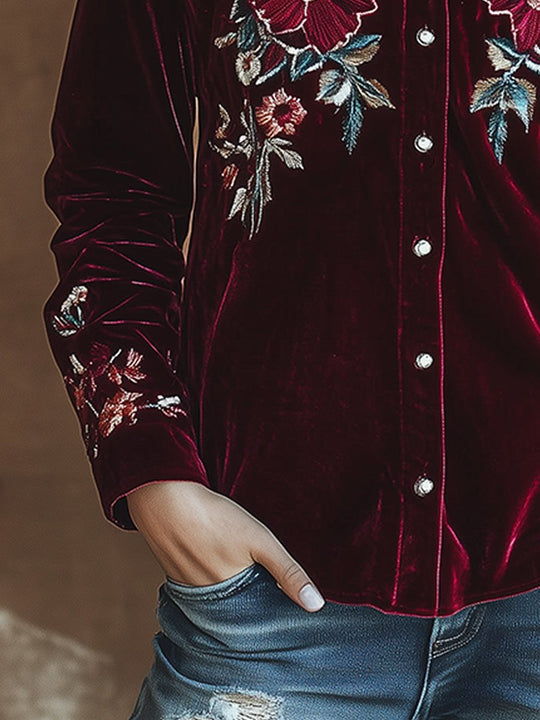 Elegant Red Velvet Embroidered Long Sleeve Shirt