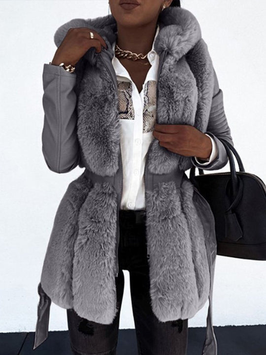 Hooded Solid Zippered Belt Faux Fur Coat Jacket