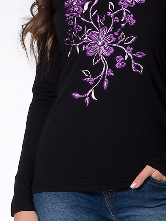 Casual V-neck Pure Cotton Embroidered Slim Fit Long Sleeve T-shirt