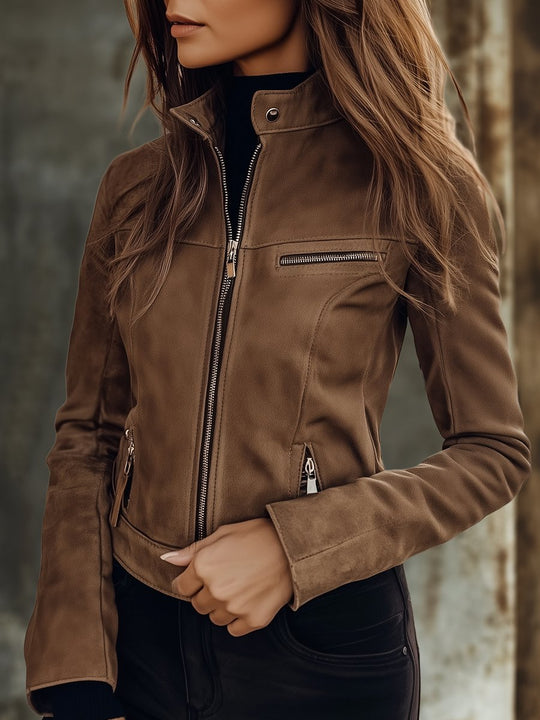 Chic Stand Collar Tailored Fit Zipper-up Suede Jacket